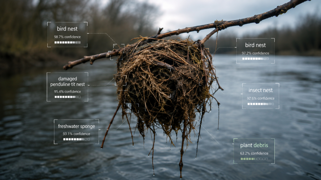 Ein Klumpen aus angeschwemmten Pflanzenresten hängt an einem Ast über einem Fluss, überlagert von Erkennungsboxen einer Bild-KI mit widersprüchlichen Ergebnissen und Confidence-Werten.