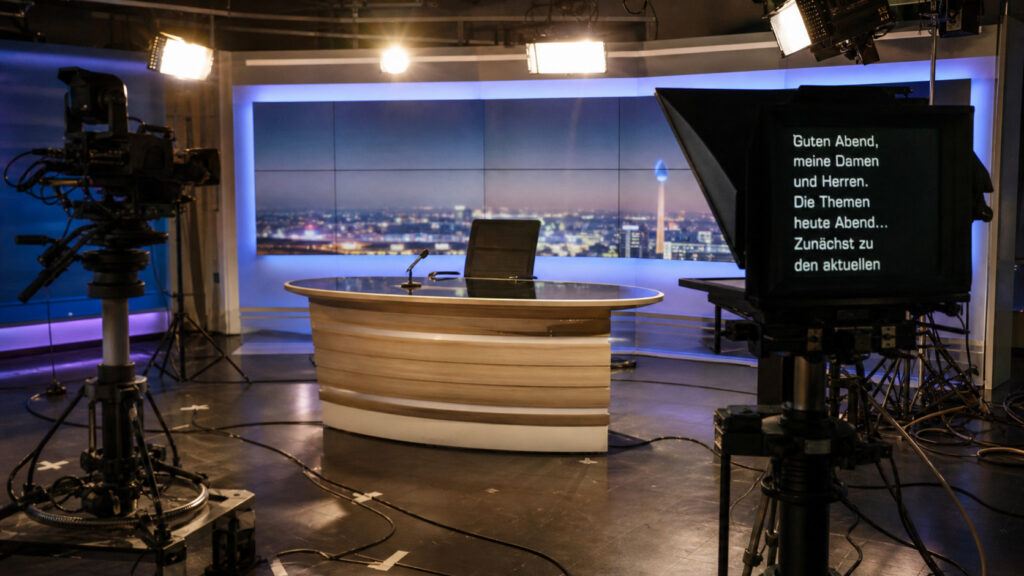 Leeres Nachrichtenstudio am Abend: Moderationstisch mit leerem Stuhl vor einer Stadtansicht mit Fernsehturm, links eine Studiokamera, rechts ein Teleprompter mit dem Text „Guten Abend, meine Damen und Herren. Die Themen heute Abend …“.