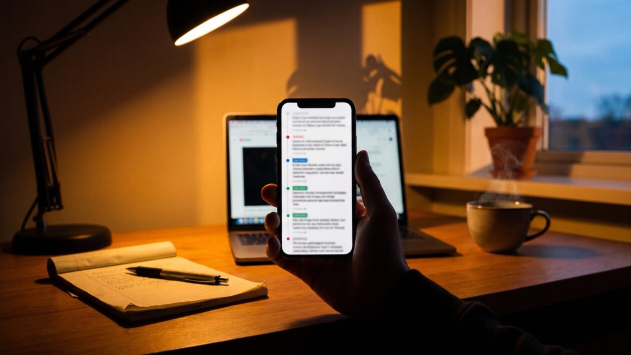 Eine Hand hält am Abend ein Smartphone mit einer Liveblog-Zeitleiste über einen Schreibtisch, dahinter ein aufgeklappter Laptop, ein Notizblock mit Stift und eine dampfende Tasse im Licht einer Schreibtischlampe