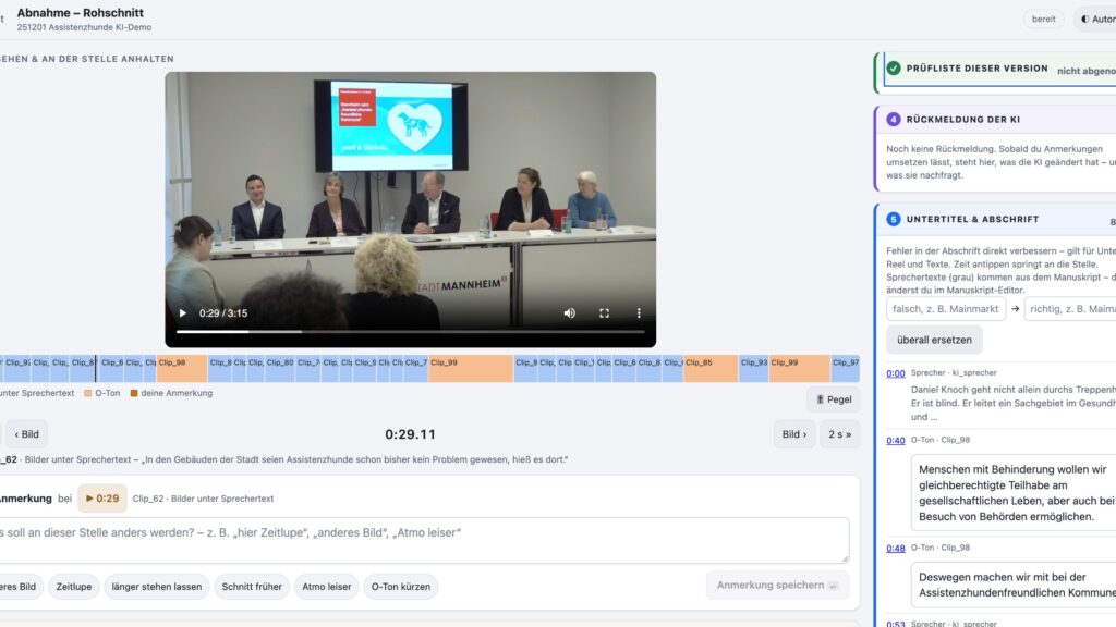 Screenshot des KI-Schnittplatzes: Abnahme eines Rohschnitts mit Videoplayer, Zeitleiste der Einstellungen und Abschrift der O-Töne