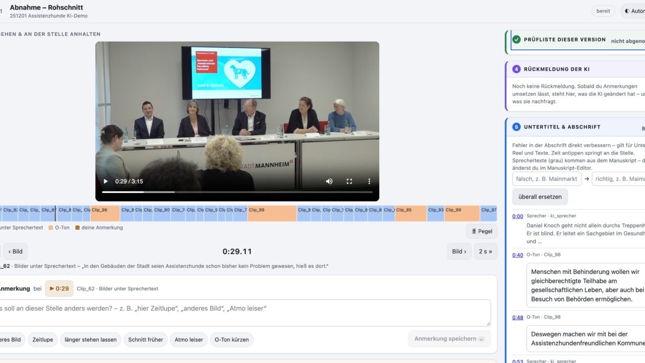Screenshot des KI-Schnittplatzes: Abnahme eines Rohschnitts mit Videoplayer, Zeitleiste der Einstellungen und Abschrift der O-Töne