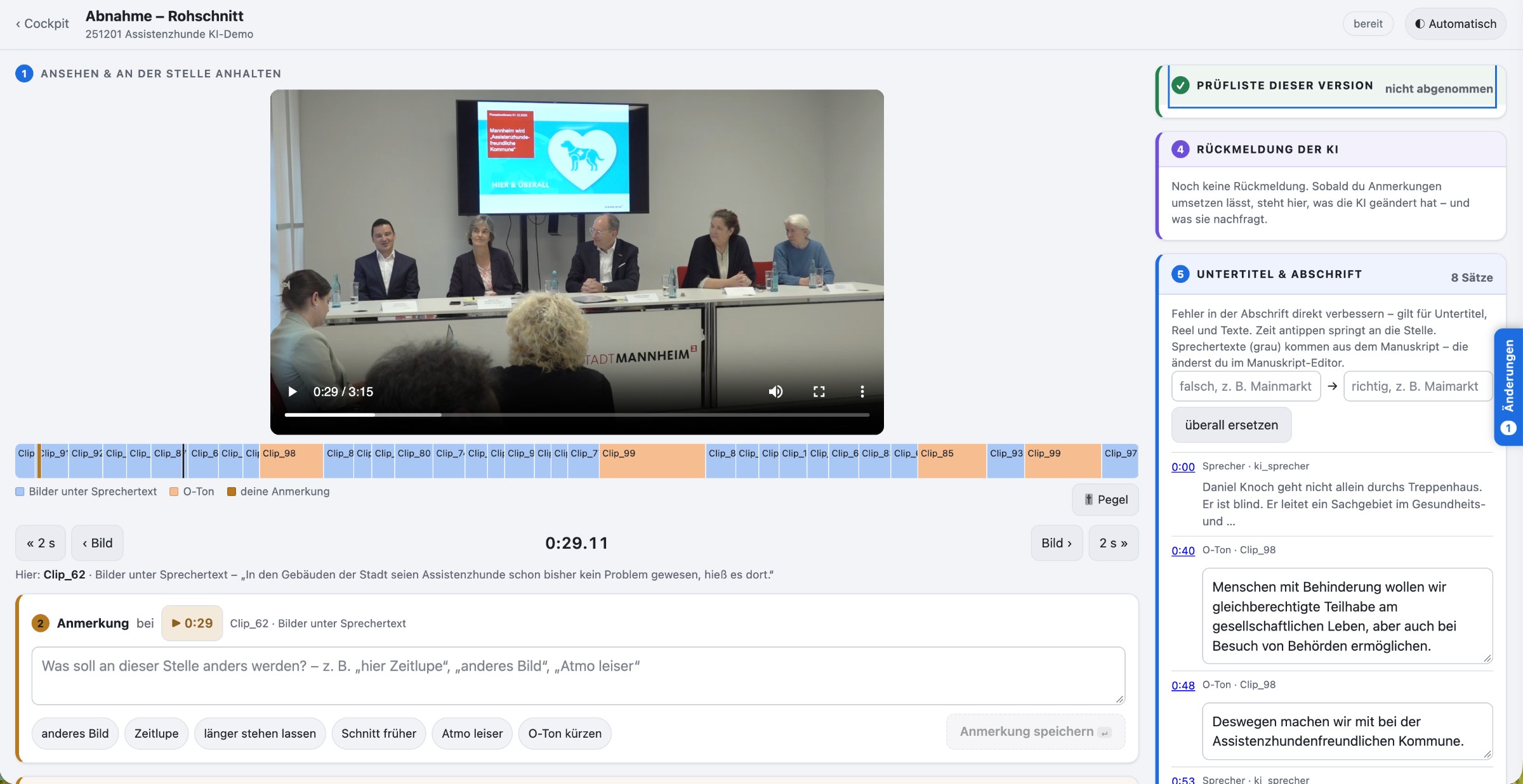 Screenshot des KI-Schnittplatzes: Abnahme eines Rohschnitts mit Videoplayer, Zeitleiste der Einstellungen und Abschrift der O-Töne